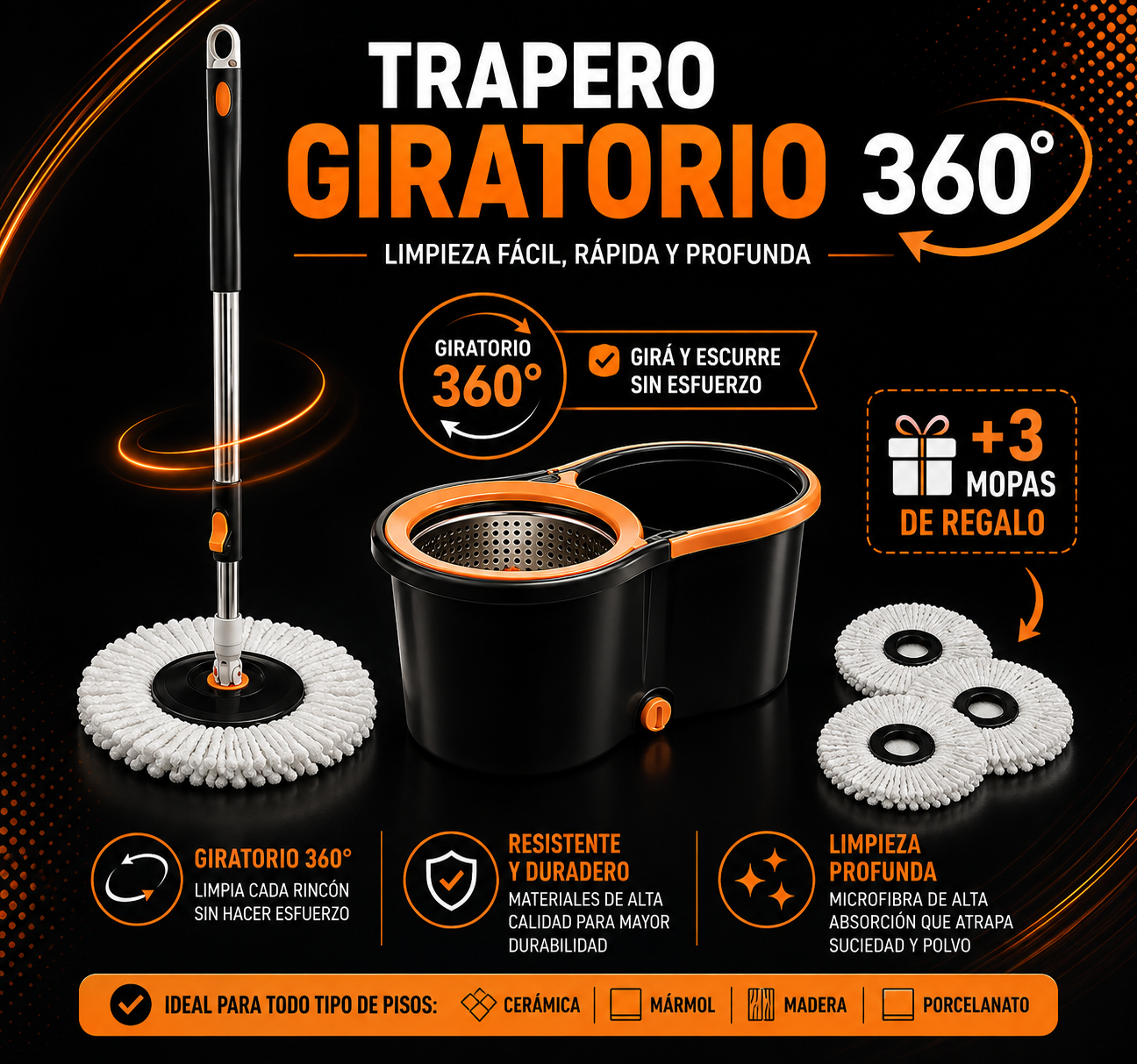TRAPERO 360 GRANDE EXCLUSIVO + 3 MOPA DE REGALO 🚚 ¡ENVÍO GRATIS A todo el país!